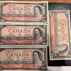 1954 Canadian Two Dollar Banknote 1954 - Crisp Notes Canada 2 Dollar Bill 1954